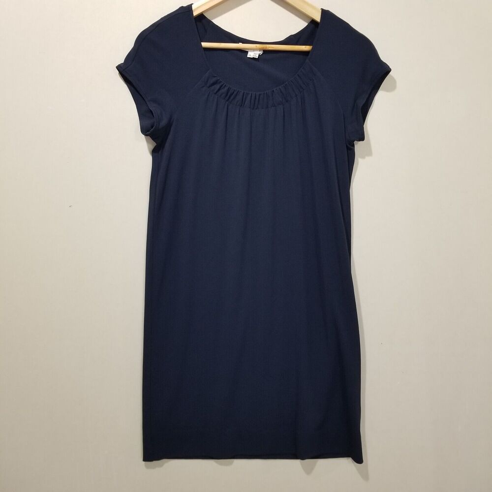 VINCE Dress Small Navy Blue Shift Cap Sleeves Ruched Scoop Neckline Minimalist